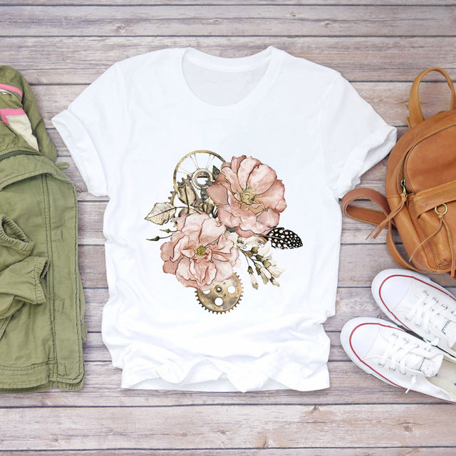 T-shirts courts pour femmes, motif abeille et fleur.