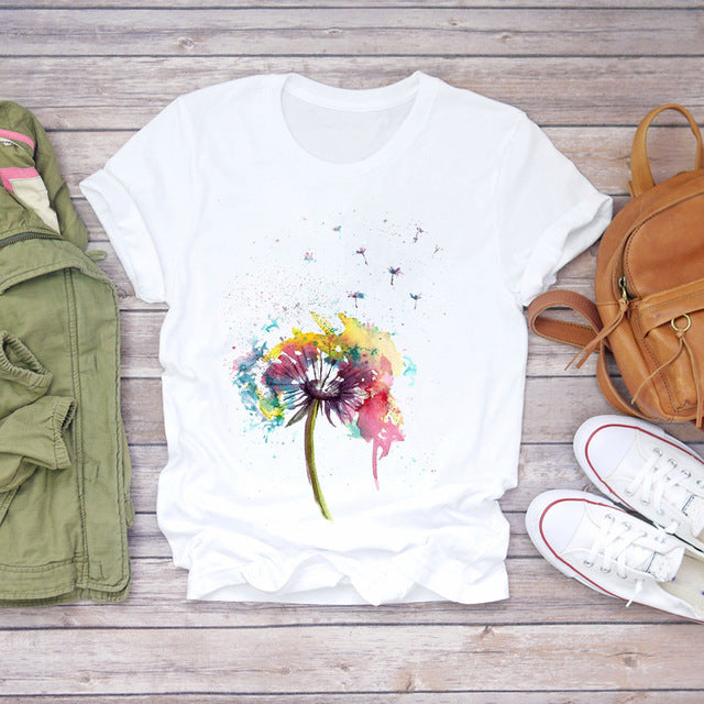 T-shirts courts pour femmes, motif abeille et fleur.