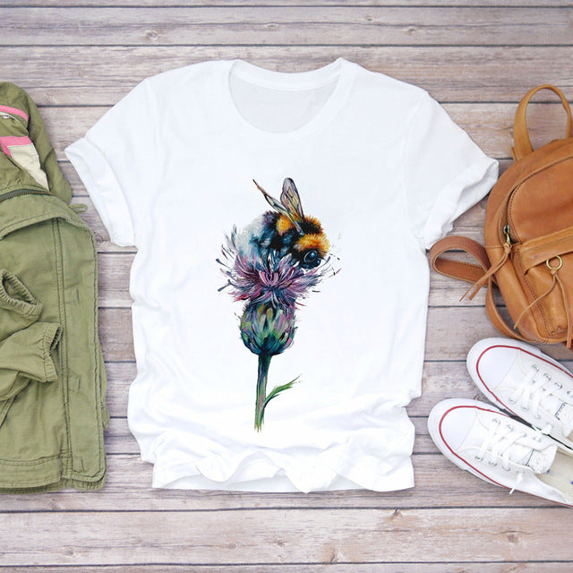 T-shirts courts pour femmes, motif abeille et fleur.