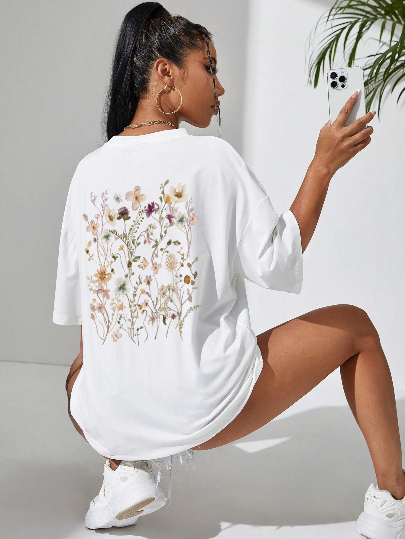 T-shirts décontractés en coton imprimé fleurs
