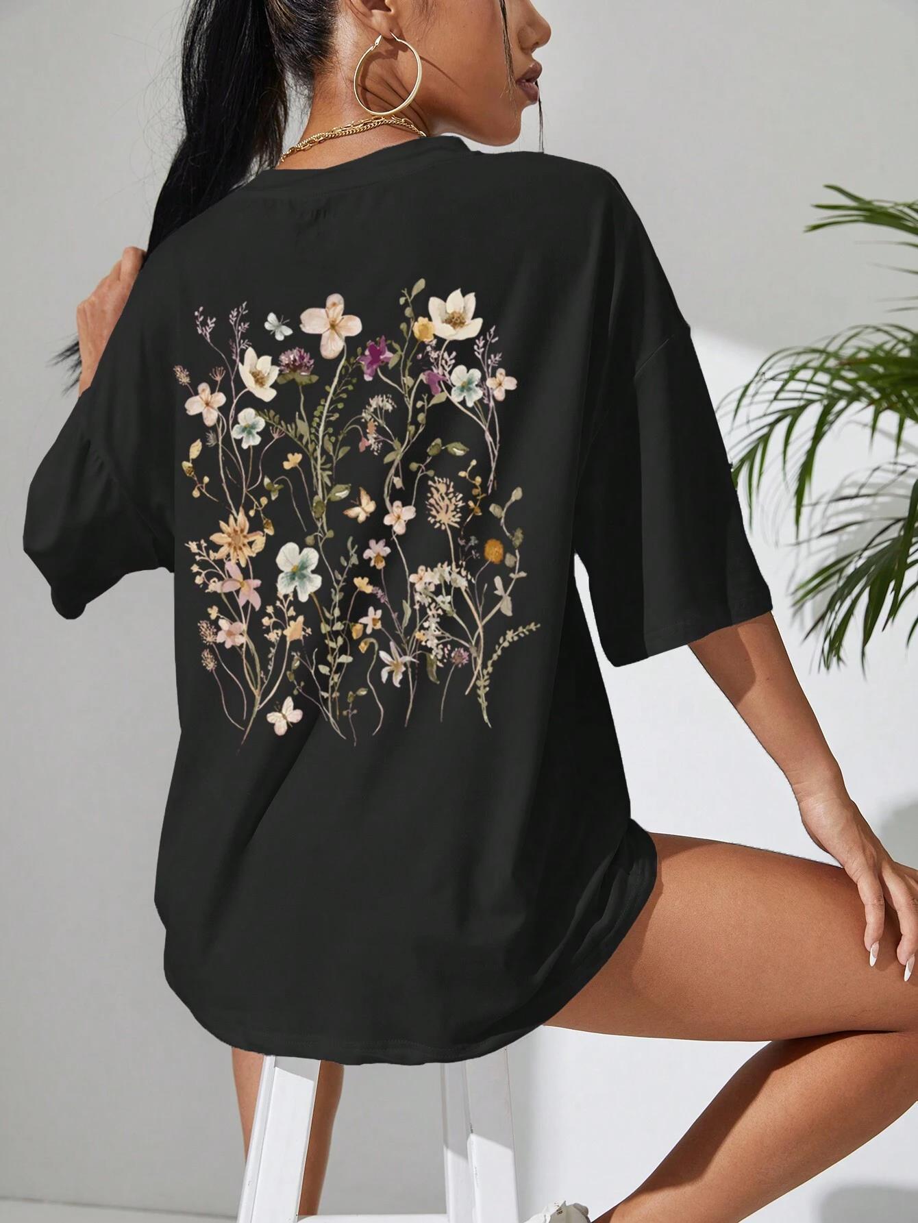 T-shirts décontractés en coton imprimé fleurs