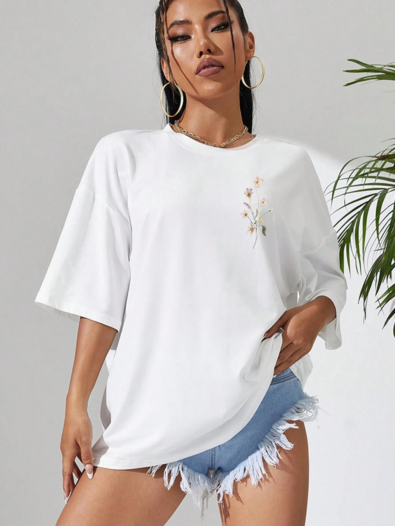 T-shirts décontractés en coton imprimé fleurs