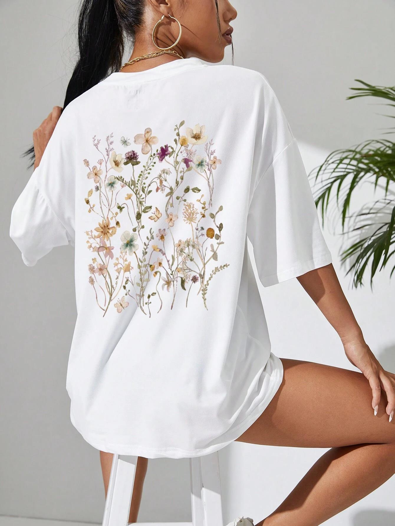 T-shirts décontractés en coton imprimé fleurs