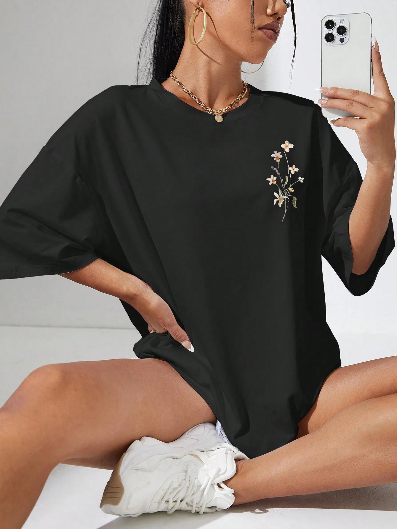 T-shirts décontractés en coton imprimé fleurs