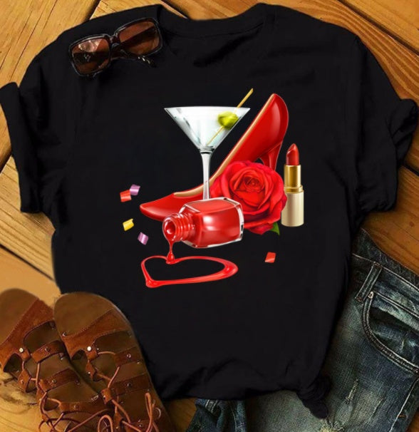 T-shirt femme imprimé talons hauts manches courtes