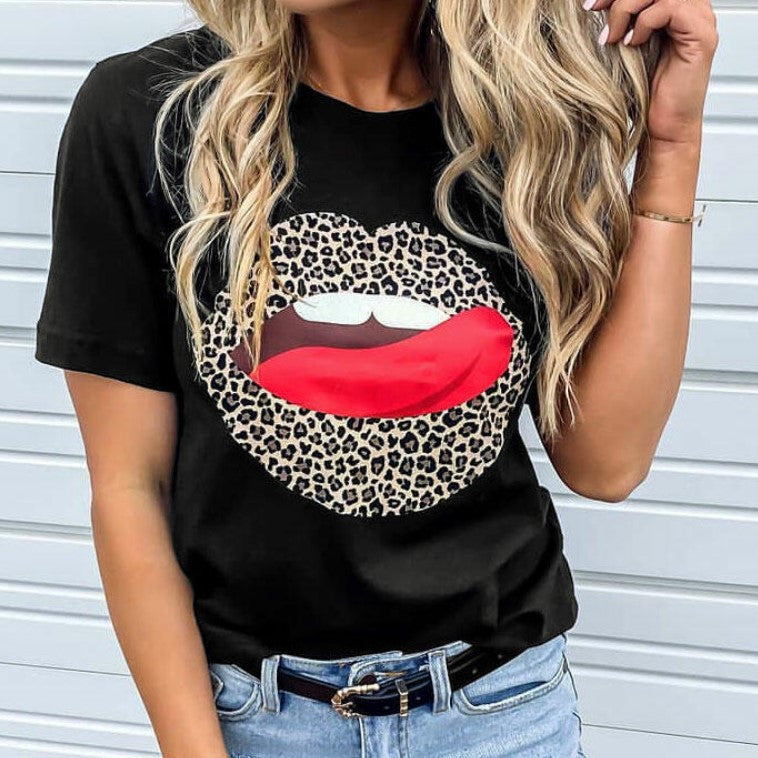 T-shirt femme imprimé lèvres léopard col rond