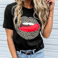 T-shirt femme imprimé lèvres léopard col rond